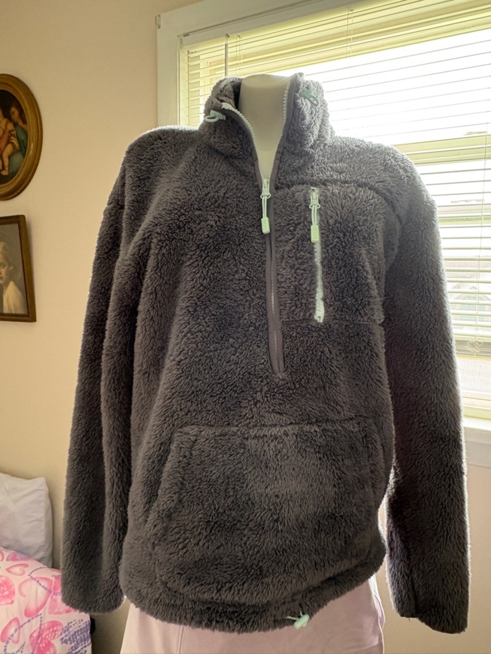 PINK Victoria's Secret Gray Plush Zip-Up with Mint Trim